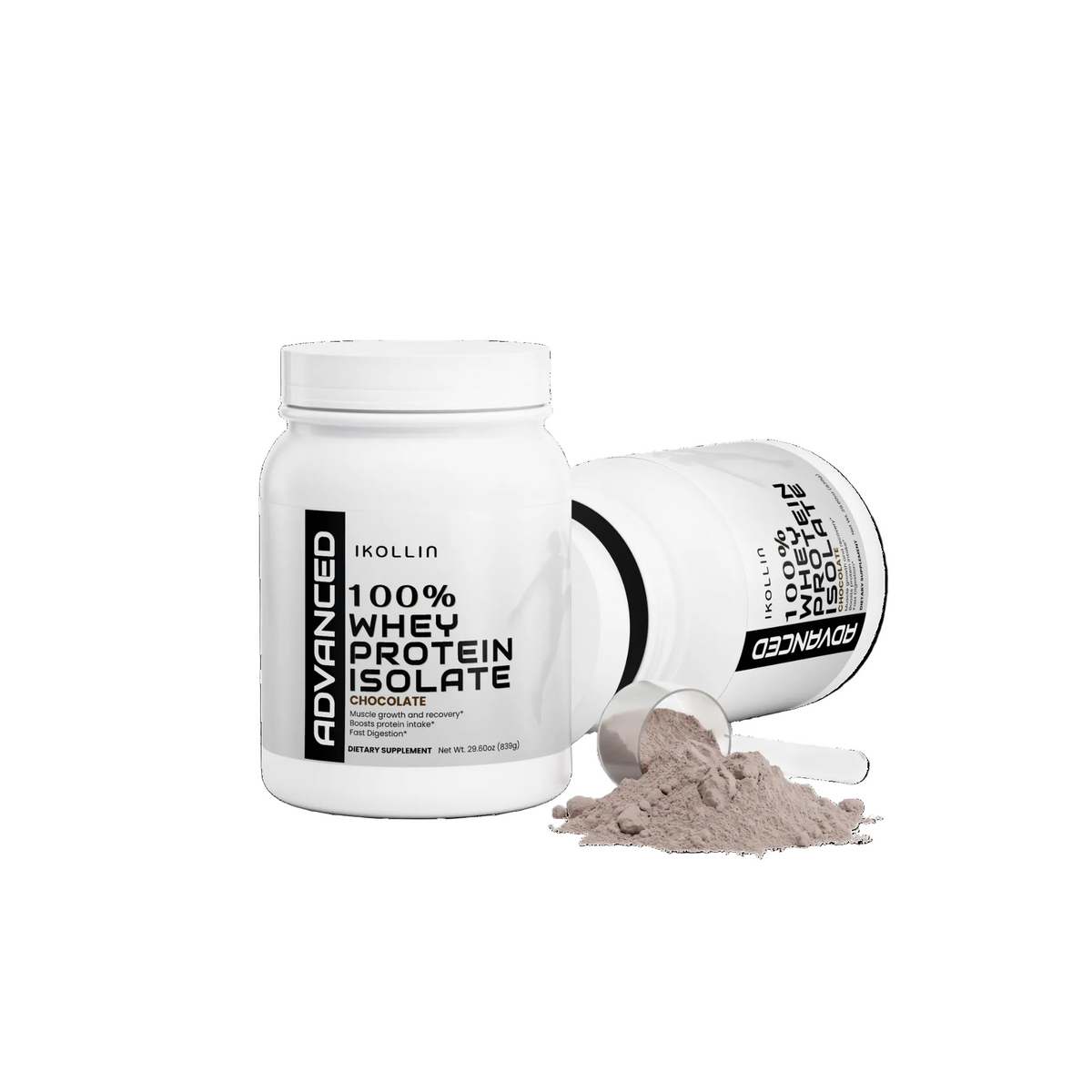  Two IKOLLIN Advanced Whey Protein Isolate Chocolate jars – one upright and one on its side with measuring scoop and powder spilling out, light gray background