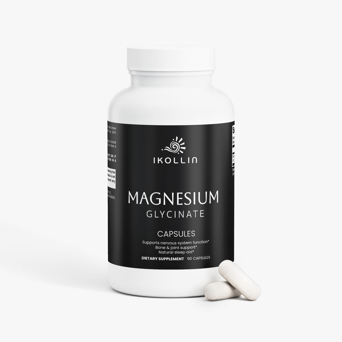 IKOLLIN Magnesium Glycinate Capsules 90 count white bottle on clean background