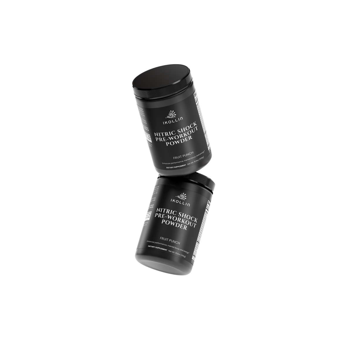 IKOLLIN Nitric Shock Pre-Workout Powder containers floating – Fruit Punch flavor, 300g dietary supplement