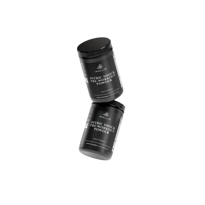 IKOLLIN Nitric Shock Pre-Workout Powder containers floating – Fruit Punch flavor, 300g dietary supplement