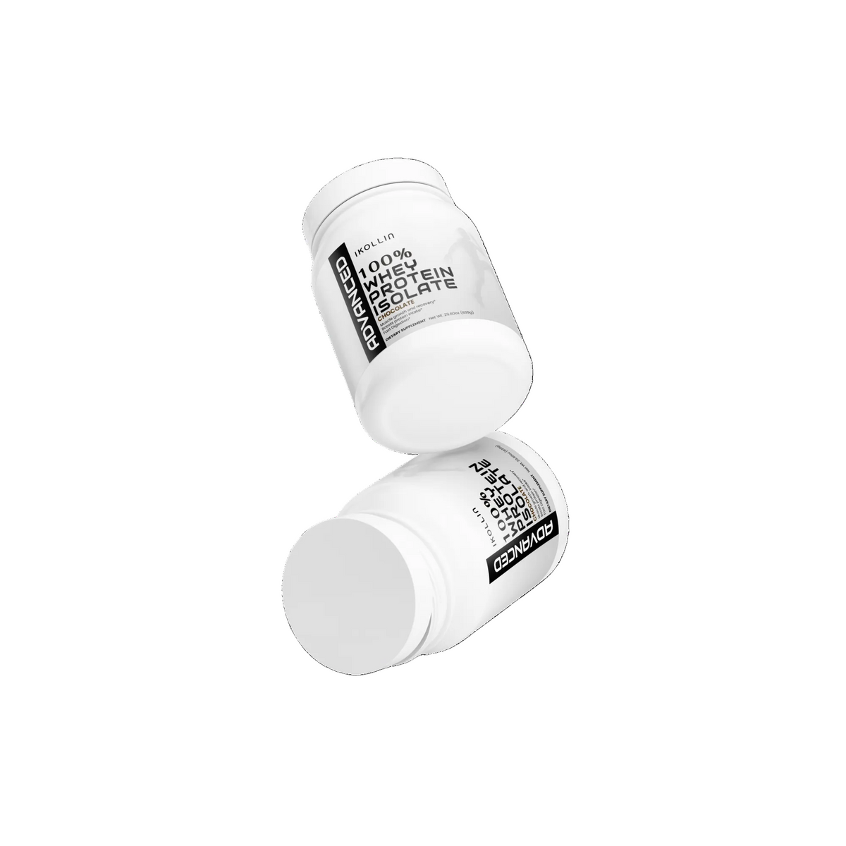 Two IKOLLIN Advanced Whey Protein Isolate Chocolate jars floating stacked at different angles, white jar black label, light gray background