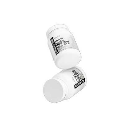 Two IKOLLIN Advanced Whey Protein Isolate Chocolate jars floating stacked at different angles, white jar black label, light gray background