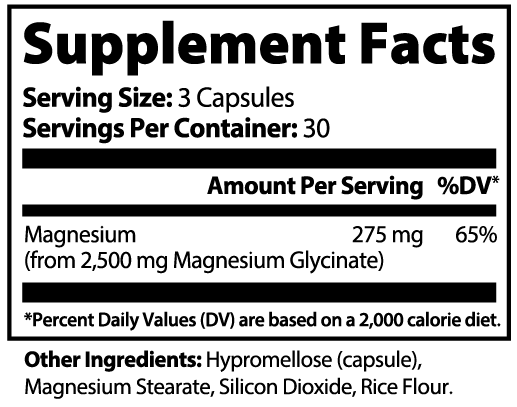 Magnesium Glycinate supplement facts panel showing 275mg elemental magnesium from 2500mg Magnesium Glycinate per serving`