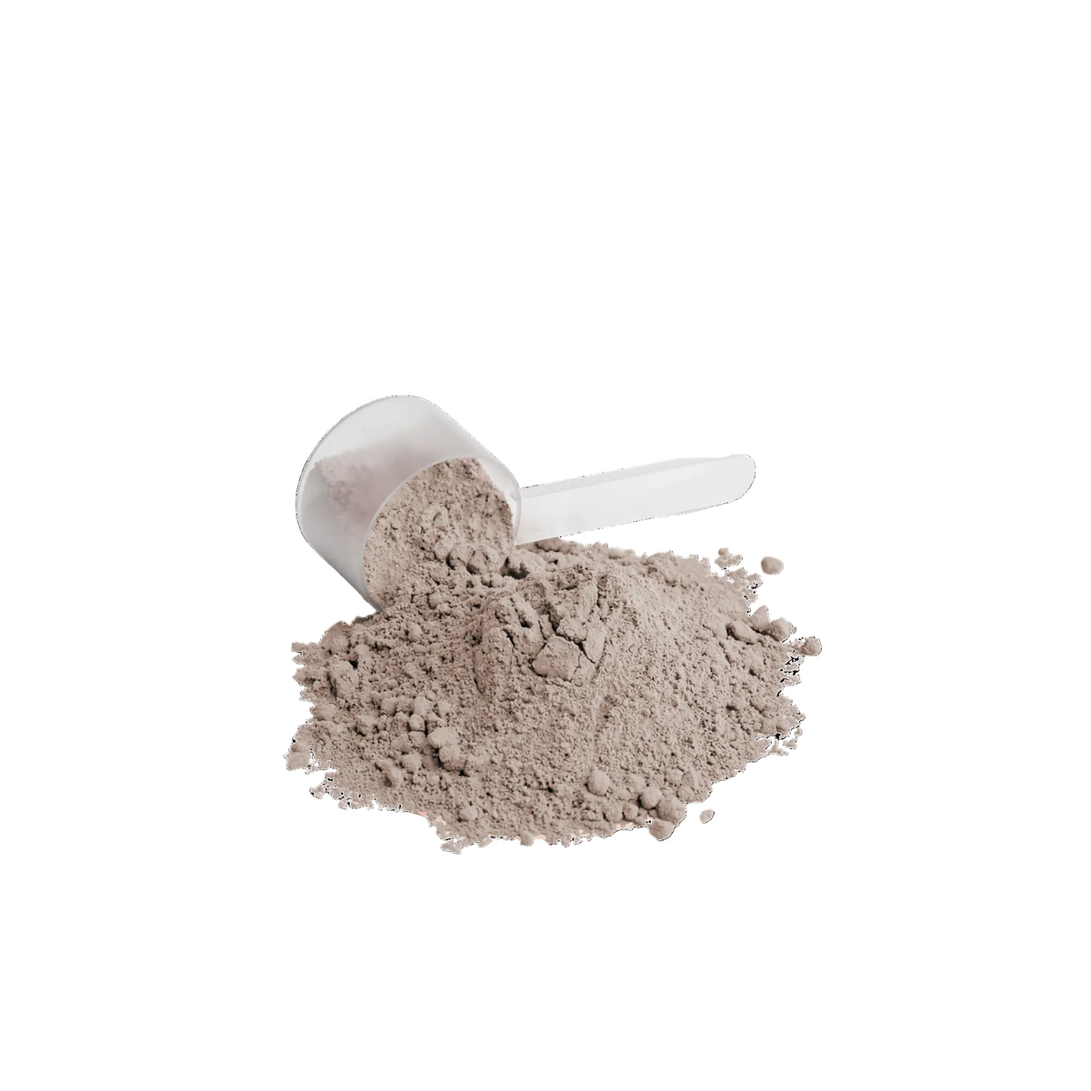  Close-up of clear measuring scoop with IKOLLIN Advanced Whey Protein Isolate Chocolate powder spilling out, light gray background