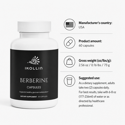 IKOLLIN Berberine Capsules 60 count dietary supplement supporting healthy glucose metabolism, 2.56 oz Made in USA
