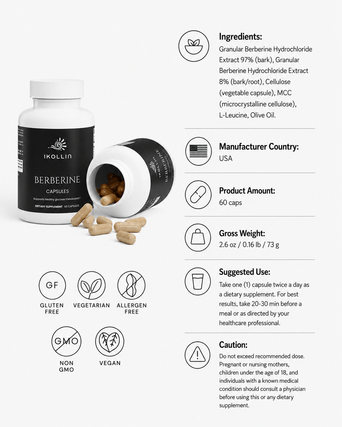 IKOLLIN Berberine Capsules ingredients and product details showing Gluten Free Vegetarian Non-GMO Vegan Allergen Free certifications, 60 capsules
