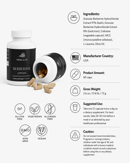 IKOLLIN Berberine Capsules ingredients and product details showing Gluten Free Vegetarian Non-GMO Vegan Allergen Free certifications, 60 capsules
