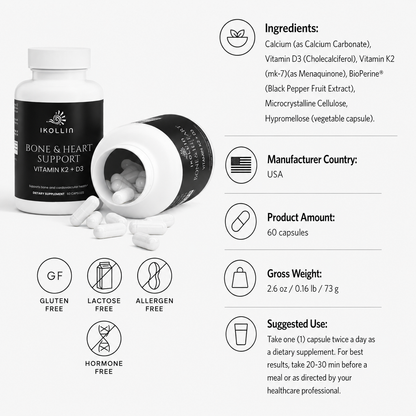 IKOLLIN Bone & Heart Support Vitamin K2 D3 ingredients showing Calcium Vitamin D3 Vitamin K2 MK-7 BioPerine, Gluten Free Lactose Free Allergen Free Hormone Free, 60 capsules
