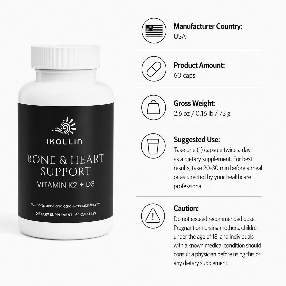IKOLLIN Bone & Heart Support Vitamin K2 D3 60 capsules dietary supplement supporting bone and cardiovascular health, Made in USA

