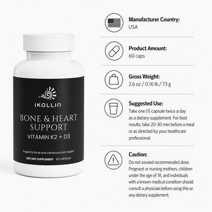IKOLLIN Bone & Heart Support Vitamin K2 D3 60 capsules dietary supplement supporting bone and cardiovascular health, Made in USA
