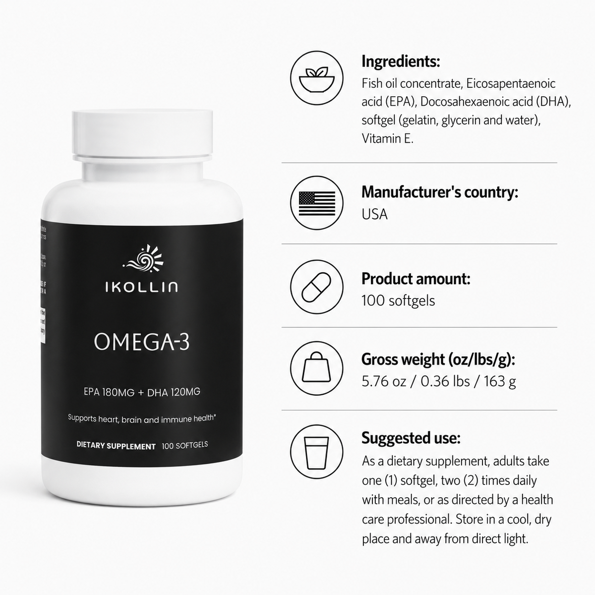 IKOLLIN Omega-3 EPA 180mg DHA 120mg 100 softgels dietary supplement supporting heart brain and immune health, Made in USA
