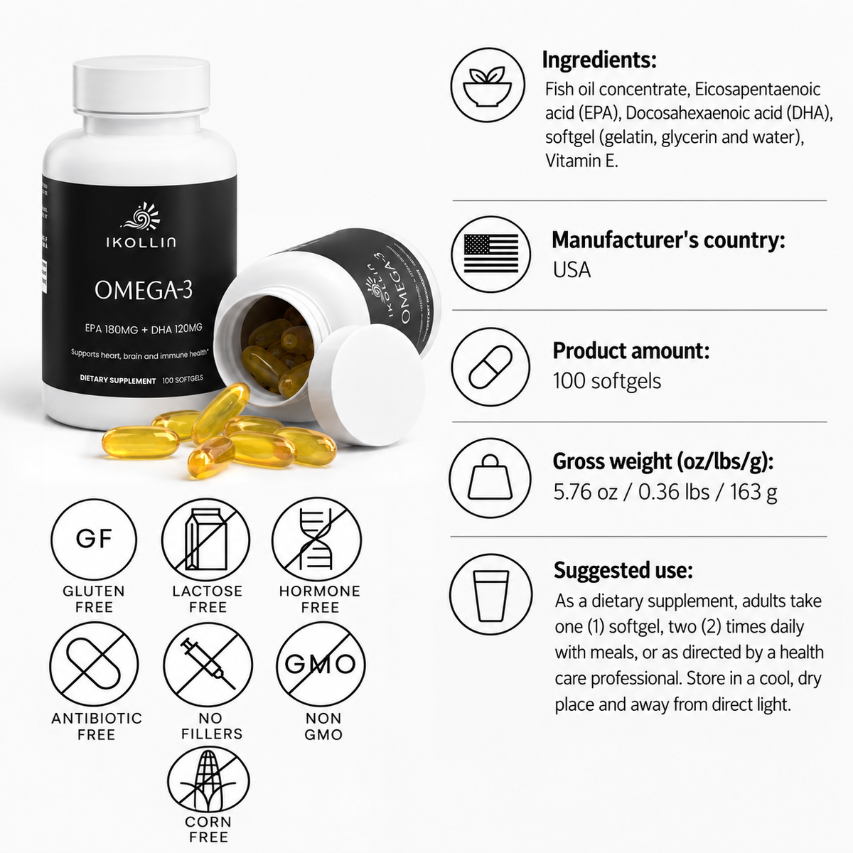 IKOLLIN Omega-3 EPA 180mg DHA 120mg softgels ingredients and certifications showing Gluten Free Lactose Free Hormone Free Non-GMO No Fillers Corn Free
