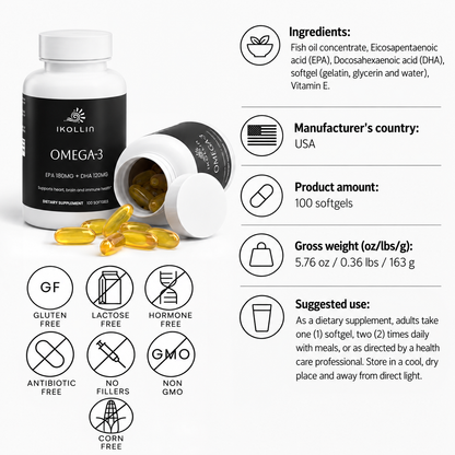 IKOLLIN Omega-3 EPA 180mg DHA 120mg softgels ingredients and certifications showing Gluten Free Lactose Free Hormone Free Non-GMO No Fillers Corn Free
