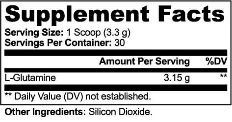 L-Glutamine supplement facts panel showing 3.15g L-Glutamine per serving, 30 servings per container, other ingredients Silicon Dioxide